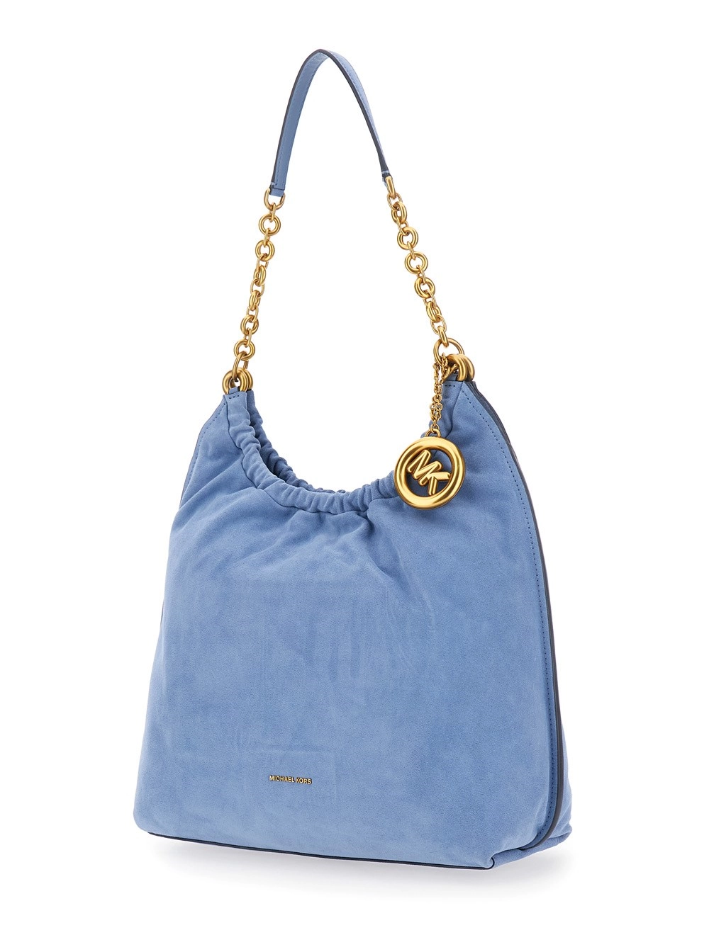 Michael michael kors Borsa a spalla 'Indie Grande' con tracolla con catena e placca logo sul fronte in pelle scamosciata azzurra donna, view 2