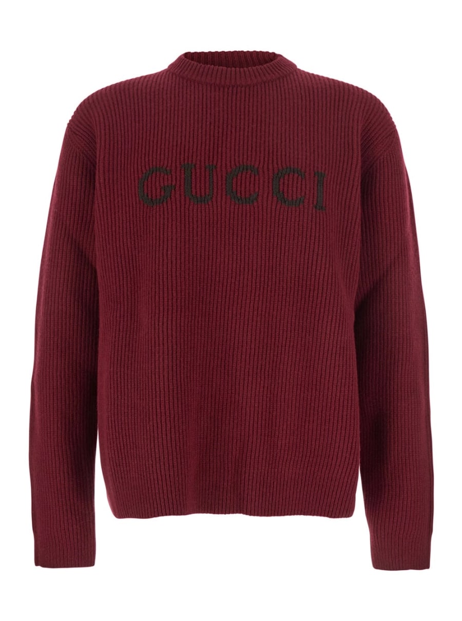 Gucci Maglione Girocollo con Ricamo Logo Lettering sul Fronte in Lana Bordeaux Uomo