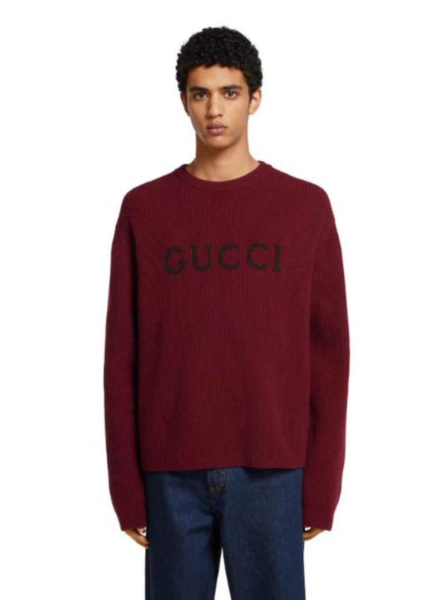 Gucci Maglione Girocollo con Ricamo Logo Lettering sul Fronte in Lana Bordeaux Uomo, view 4