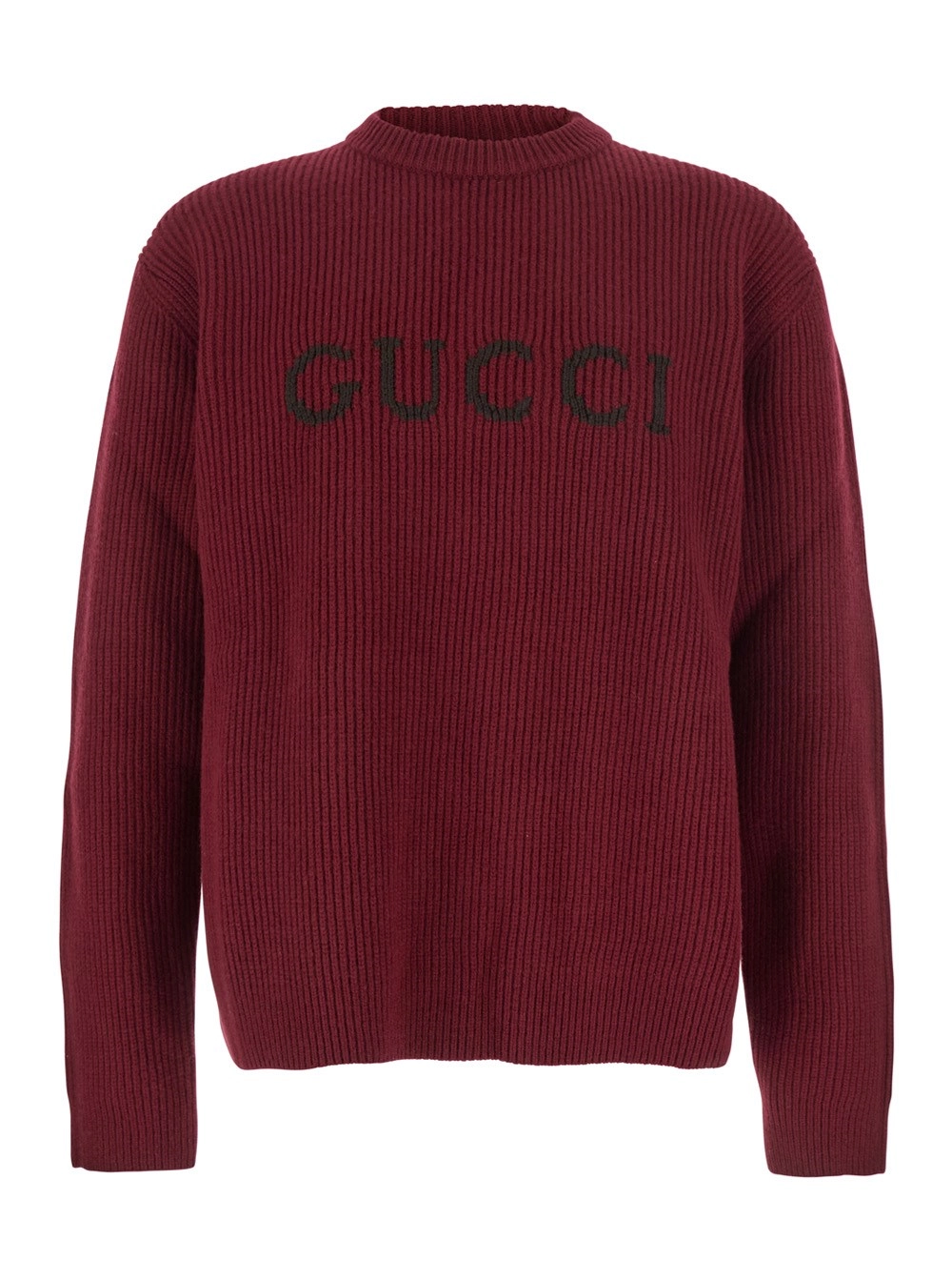 Gucci Maglione Girocollo con Ricamo Logo Lettering sul Fronte in Lana Bordeaux Uomo