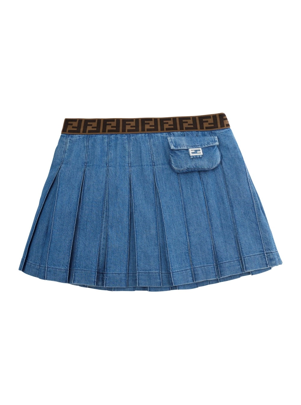 Fendi kids Gonna Plissettata con Vita Elasticizzata con Motivo FF e Tasca sul Fronte con Placca FF in Denim Blu Bambina