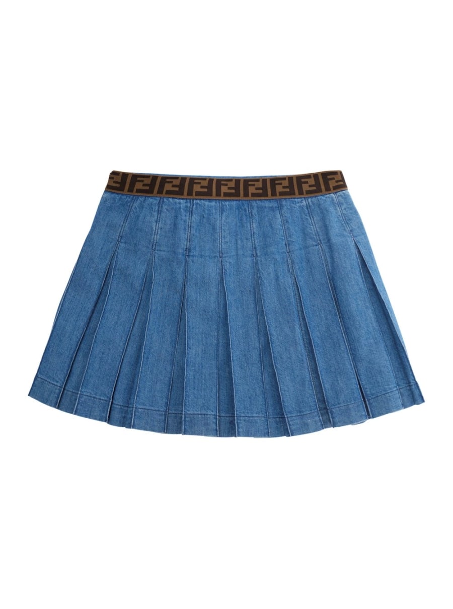 Fendi kids Gonna Plissettata con Vita Elasticizzata con Motivo FF e Tasca sul Fronte con Placca FF in Denim Blu Bambina, view 2