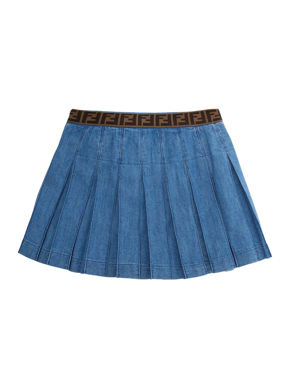 Fendi kids Gonna Plissettata con Vita Elasticizzata con Motivo FF e Tasca sul Fronte con Placca FF in Denim Blu Bambina, view 2