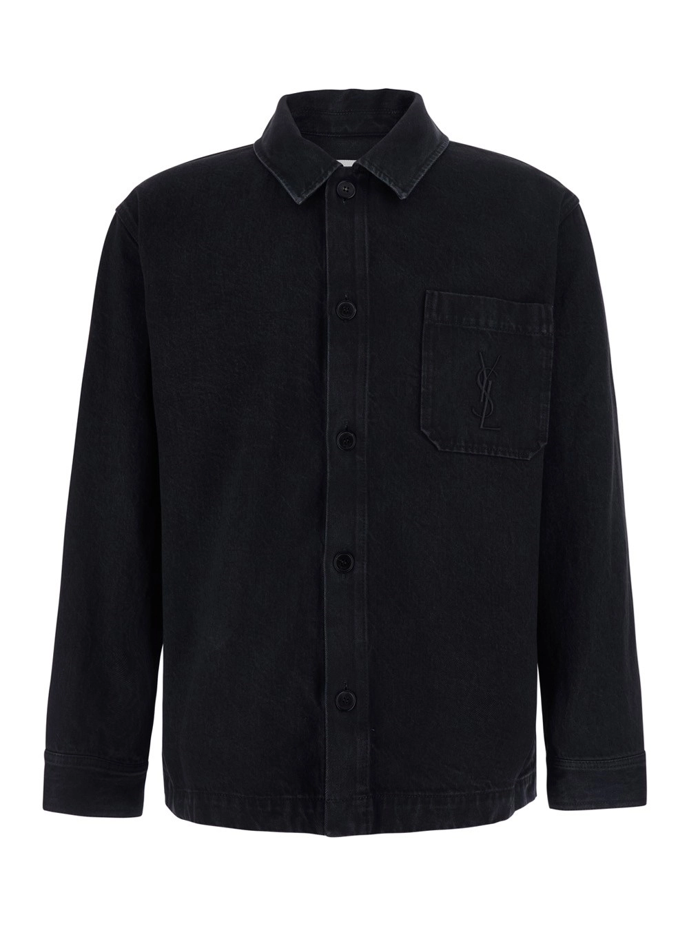 Saint Laurent Camicia con colletto classico e ricamo Cassandre sul fronte in cotone nera uomo