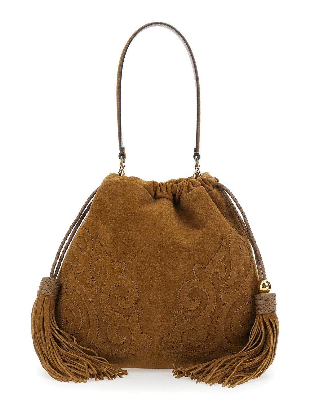 Etro Borsa a Spalla 'Kalispera' con Chiusura a Coulisse e Nappine sul Fronte in Pelle Scamosciata Marrone Donna
