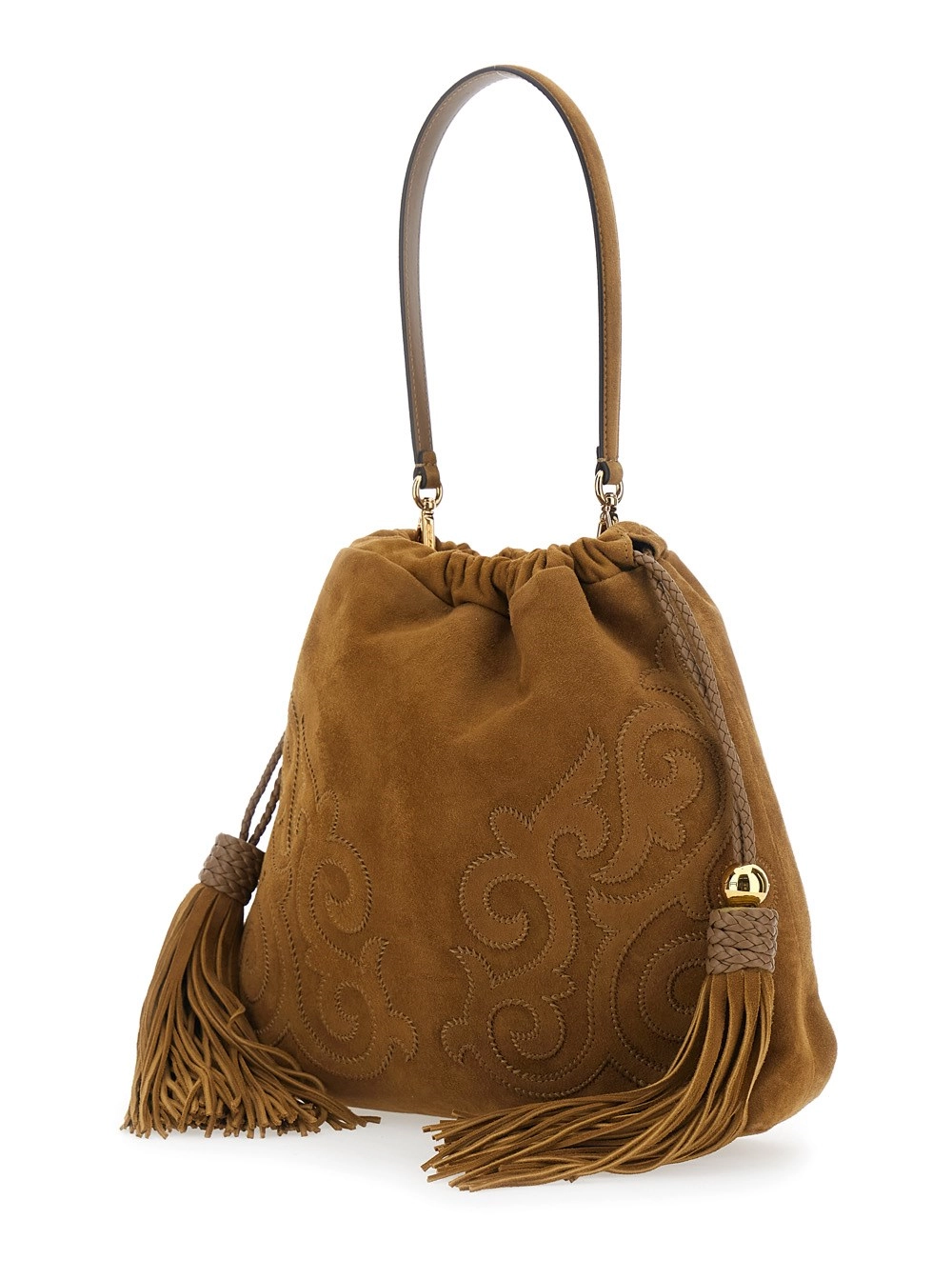 Etro Borsa a Spalla 'Kalispera' con Chiusura a Coulisse e Nappine sul Fronte in Pelle Scamosciata Marrone Donna, view 2