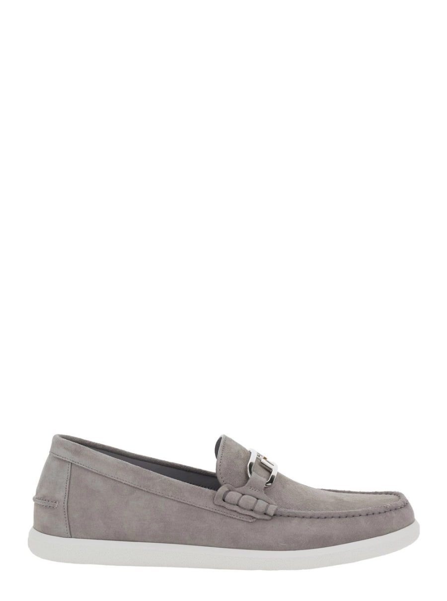Fendi Mocassini con Fibbia Metallica FF e Suola a Contrasto in Suede Grigi Uomo