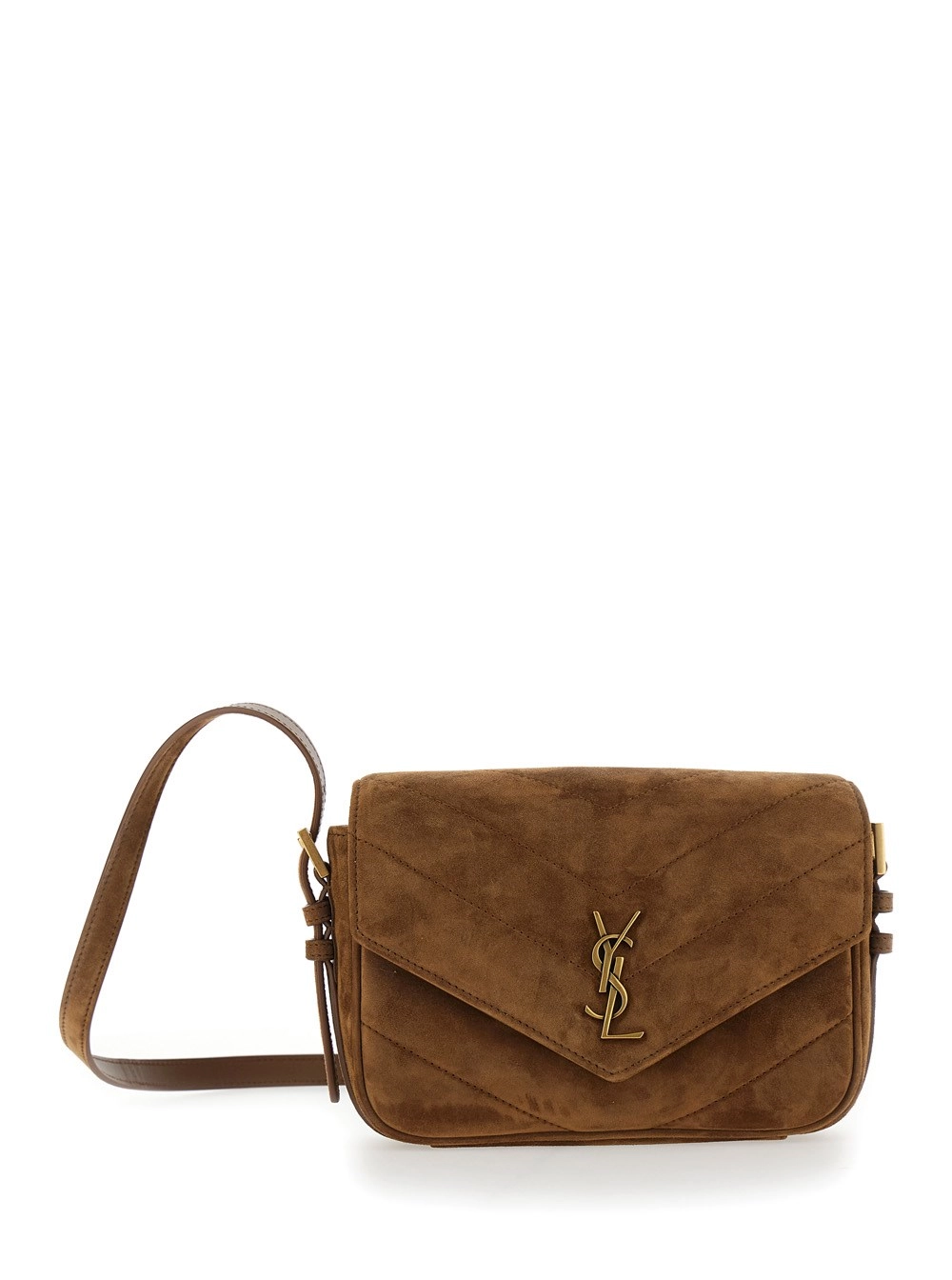 Saint Laurent Borsa a tracolla 'Loulou Toy' con tracolla e placca Cassandra sul fronte in pelle scamosciata marrone donna