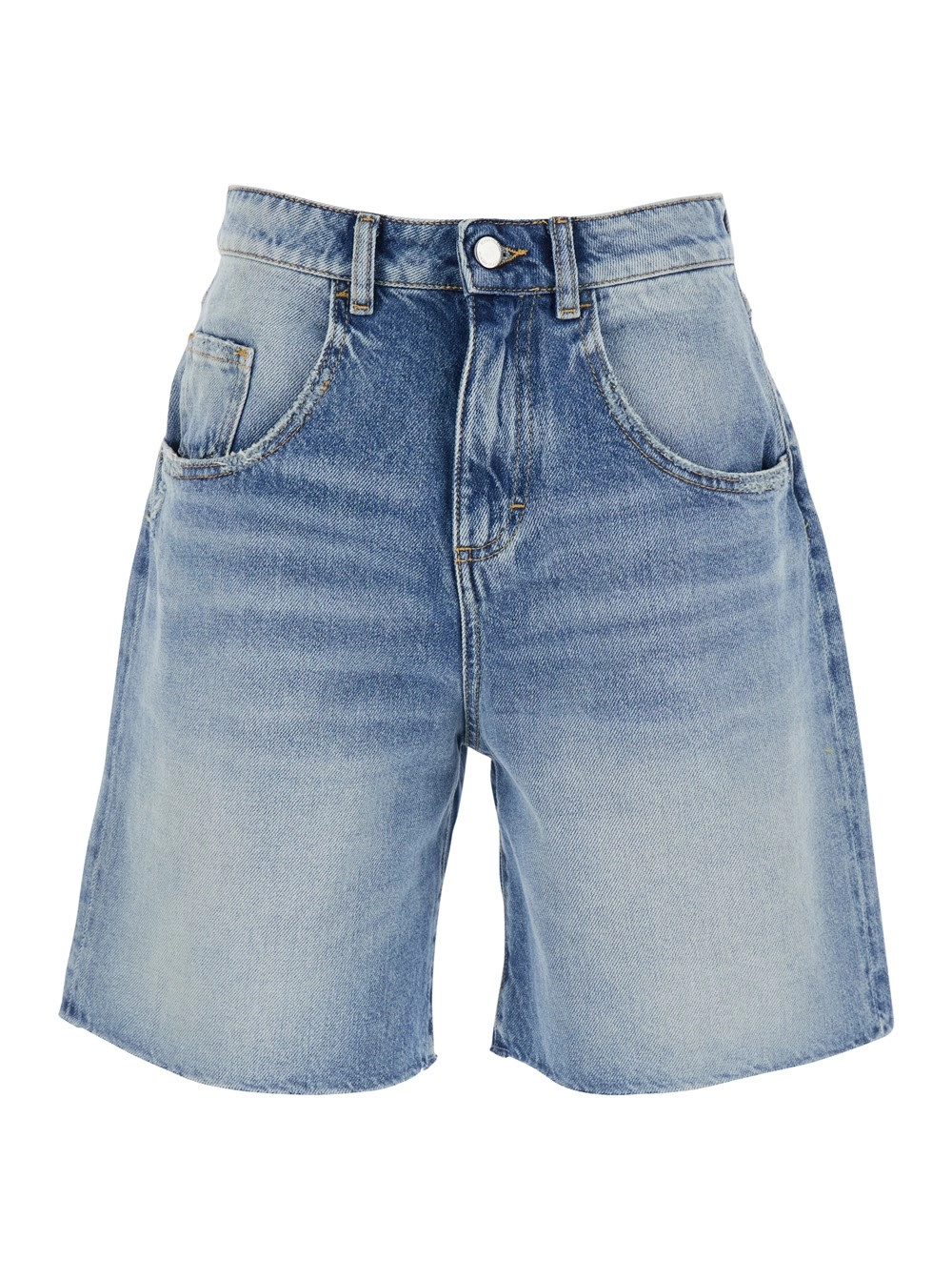 Icon denim Bermuda con Gamba Ampia e Patch Logo sul Retro in Denim Blu Donna