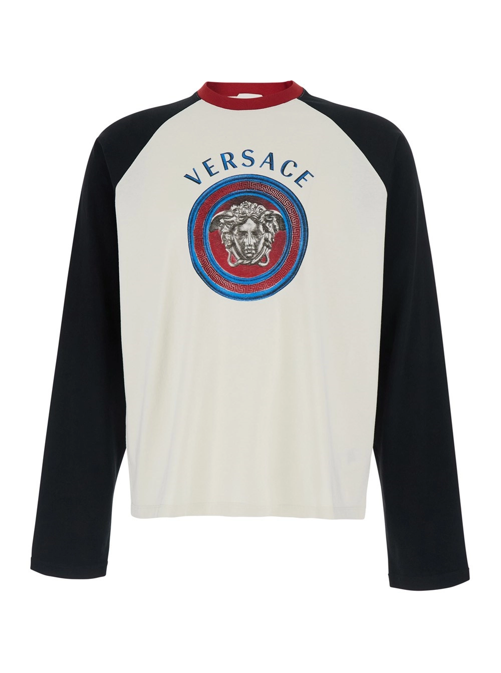 Versace Tshirt a maniche lunghe con logo stampato sul fronte in cotone multicolor uomo