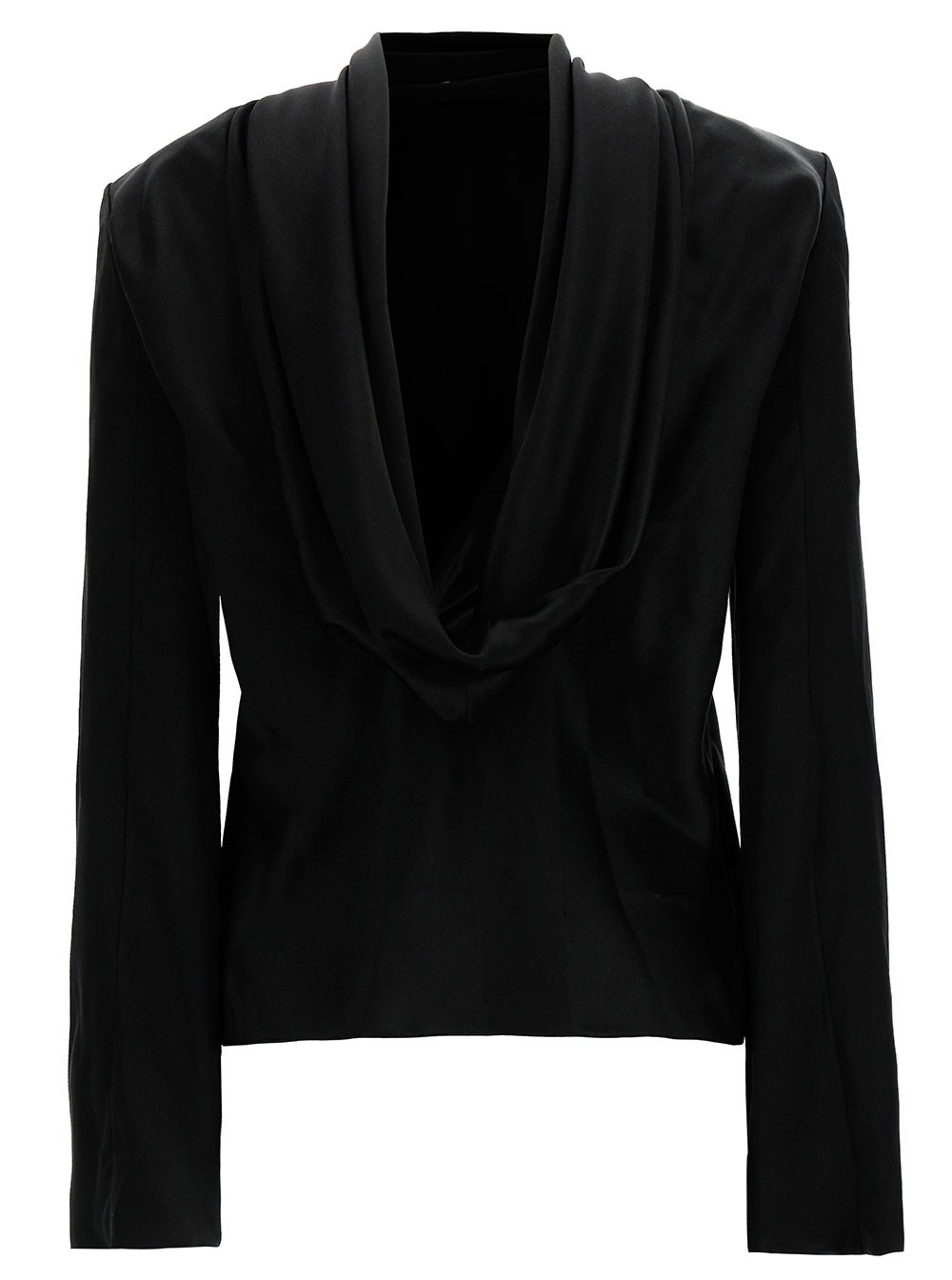 Saint Laurent Blusa con Collo Posteriore a Cappuccio in Raso di Seta Nera Donna, view 2