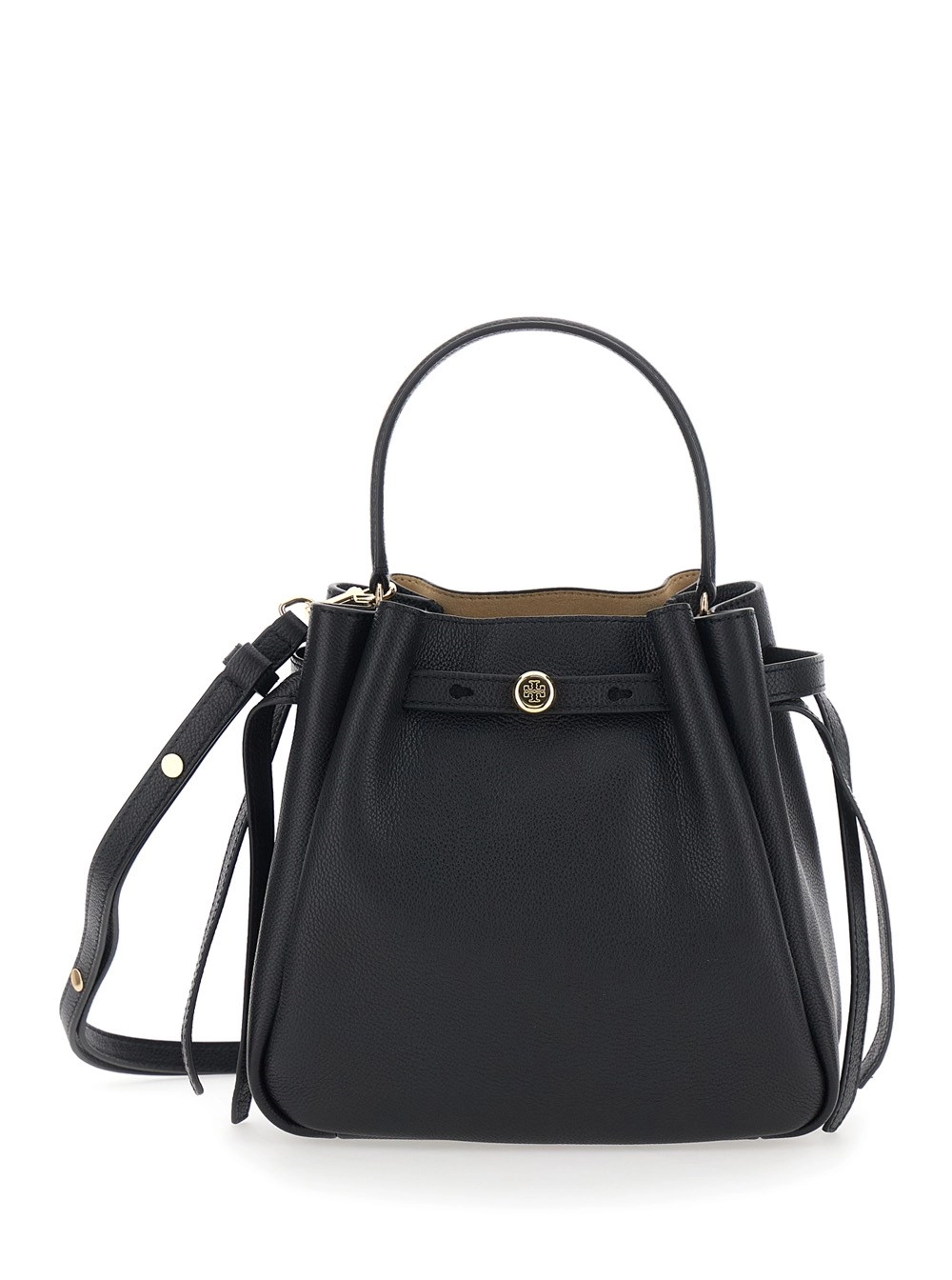 Tory Burch Borsa a Secchiello 'Romy' con Tracolla Regolabile e Placca Logo sul Fronte in Pelle Martellata Nera Donna