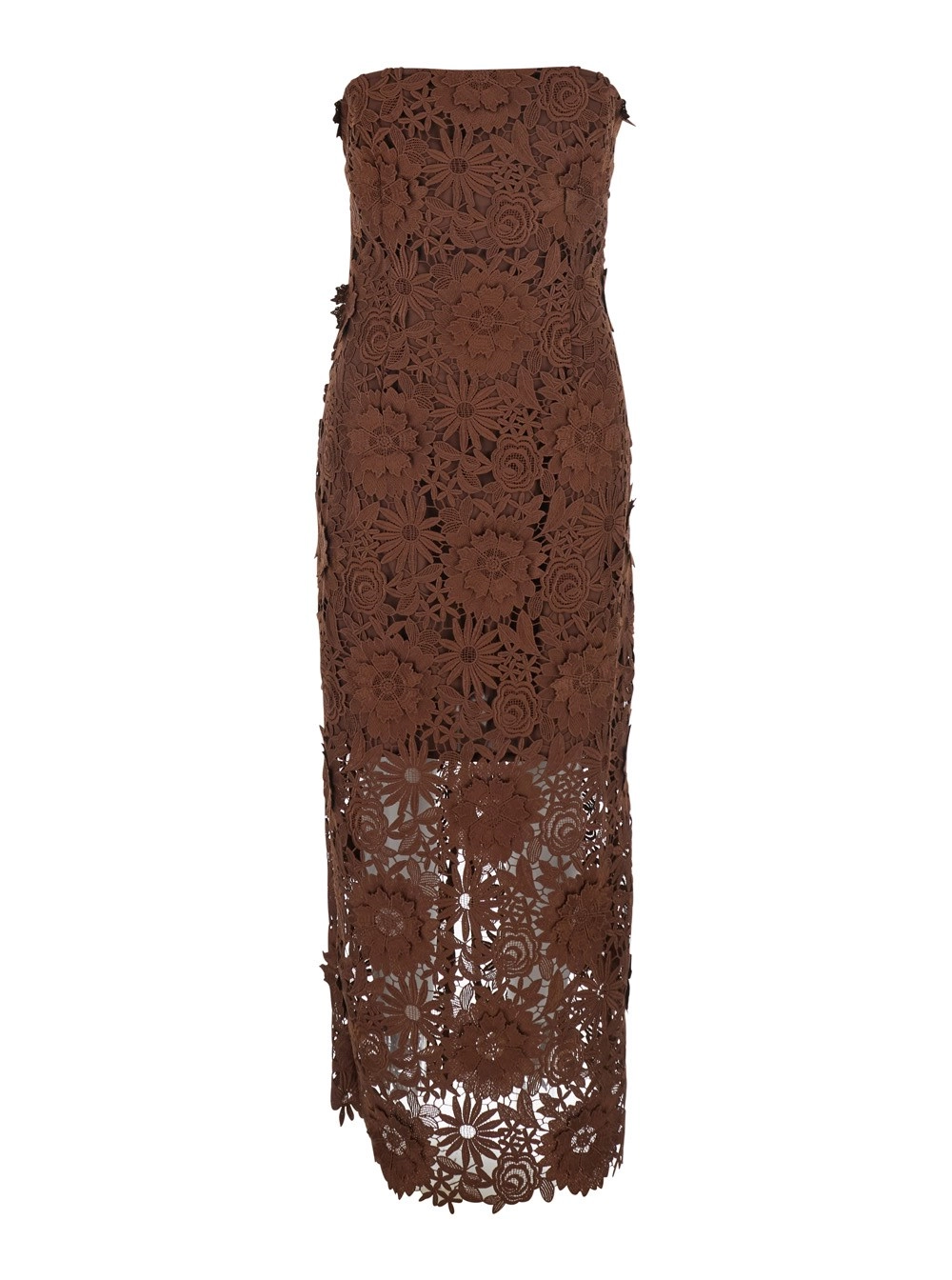 Rotate Abito Midi con Ricamo Floreale All-Over e Design a Spalle Scoperte in Tessuto Tecnico Marrone Donna