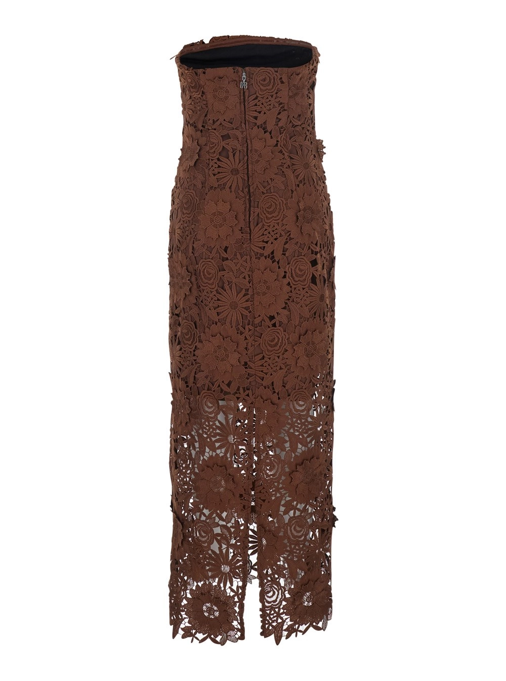 Rotate Abito Midi con Ricamo Floreale All-Over e Design a Spalle Scoperte in Tessuto Tecnico Marrone Donna, view 2
