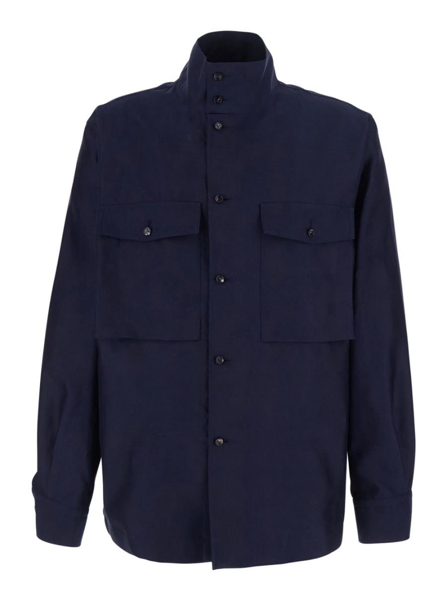 Bottega Veneta Giubbotto con collo alto e tasche frontali in cotone e seta blu per uomo