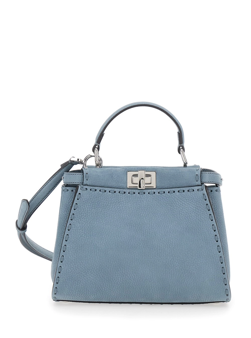 Fendi Borsa a Mano 'Peekaboo' con Chiusura a Girello su Entrambi i Lati in Pelle Martellata Azzurra Donna