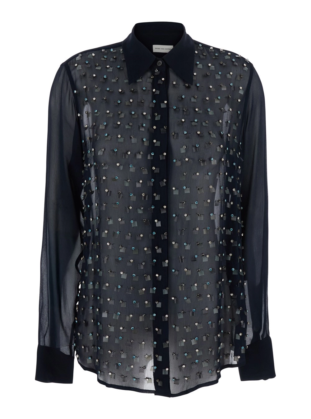 Dries Van Noten Camicia con Colletto a Punta e Cristalli Applicati All-Over in Viscosa Blu Donna