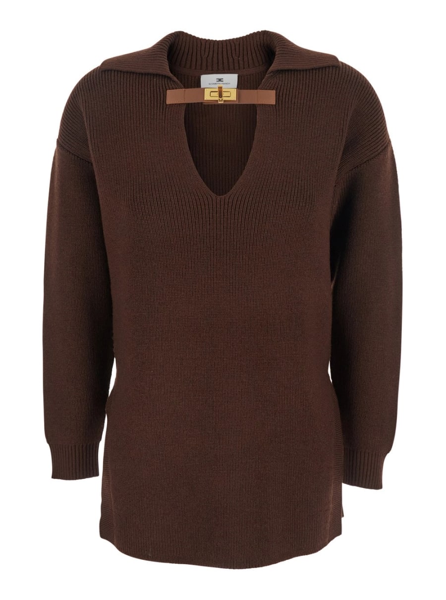 Elisabetta Franchi Maglione con Colletto Stile Polo e Dettaglio Fibbia sul Fronte in Misto Lana Marrone Donna