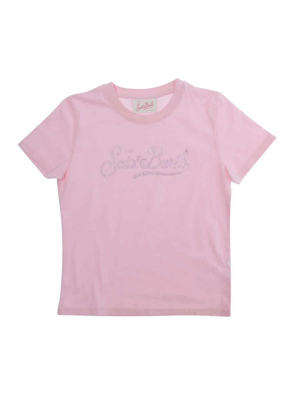 Mc2 saint barth kids T-shirt 'Elly' girocollo con logo lettering con strass sul fronte in cotone rosa bambina