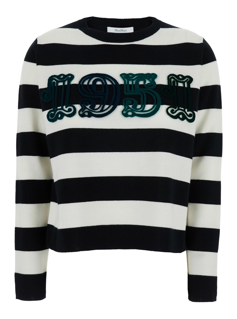 Max Mara Maglione 'Viterbo' Girocollo con Ricamo sul Fronte e Motivo a Righe All-Over in Lana Bianco e Nero Donna
