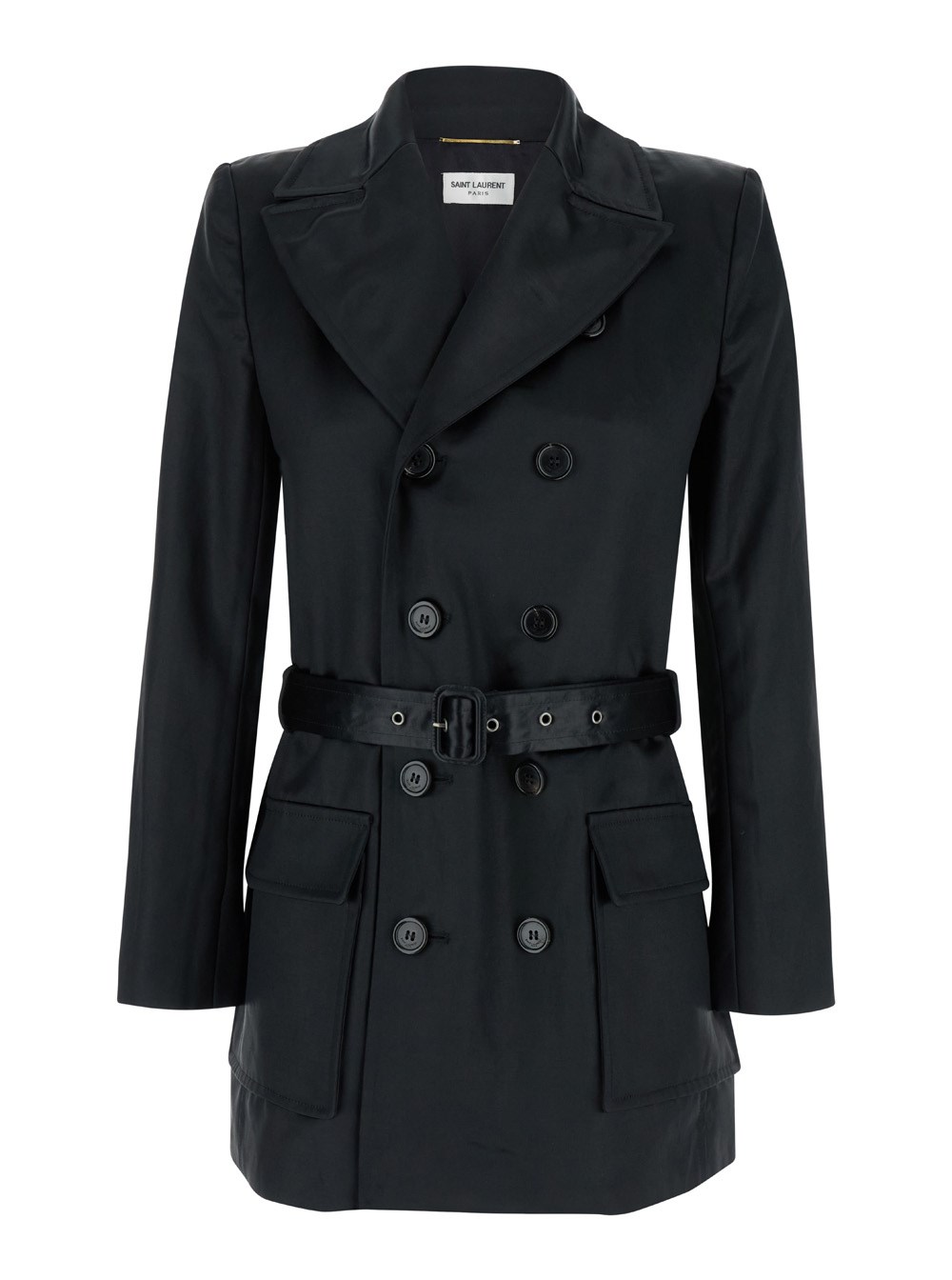 Saint Laurent Giacca Doppiopetto Stile Safari in Cotone Nero Donna