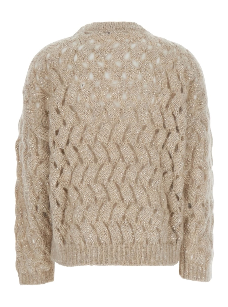 Brunello Cucinelli Maglione girocollo con lavorazione a treccia in misto lana bianco donna, view 2