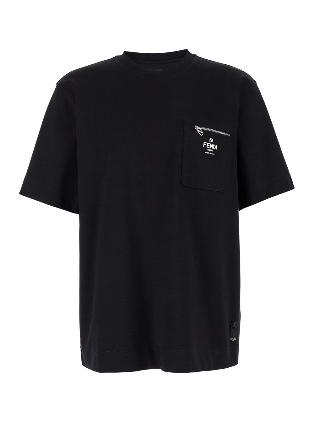 Fendi T-Shirt Girocollo con Stampa Logo sul Fronte in Cotone Nera Uomo