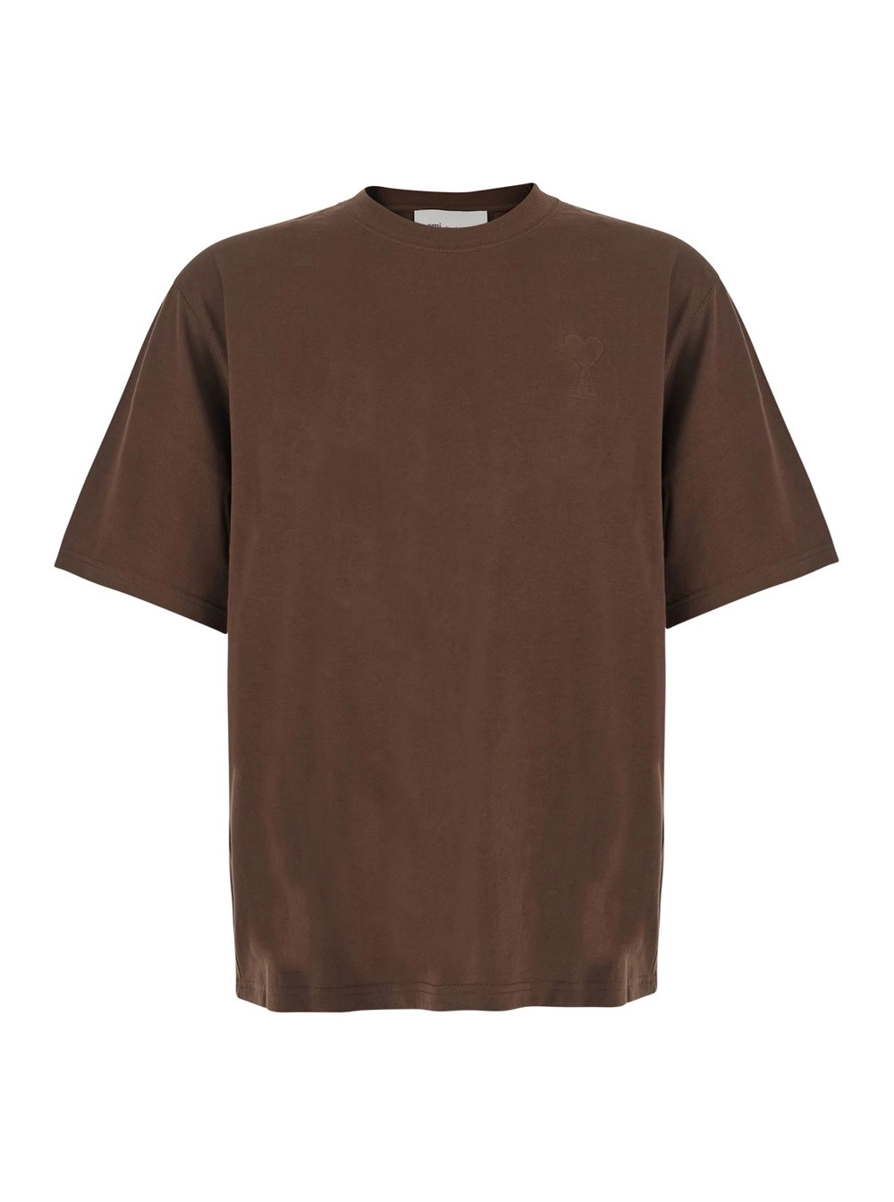 AMI Paris T-shirt girocollo con ricamo ADC tono su tono sul fronte in cotone marrone uomo