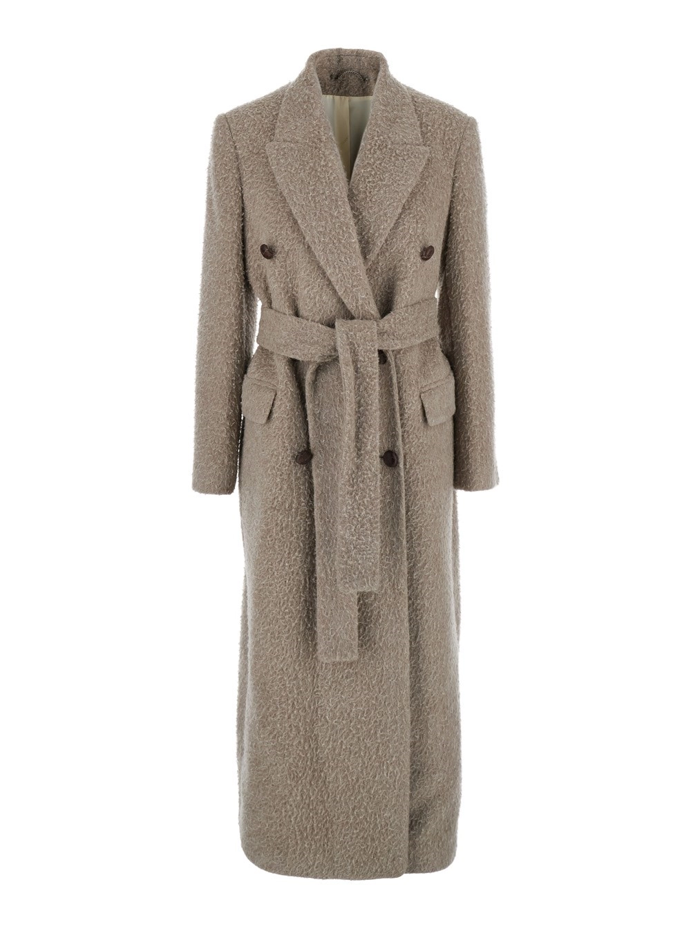 Golden Goose Cappotto Doppiopetto con Revers Classici e Cintura in Misto Lana e Mohair Beige Donna