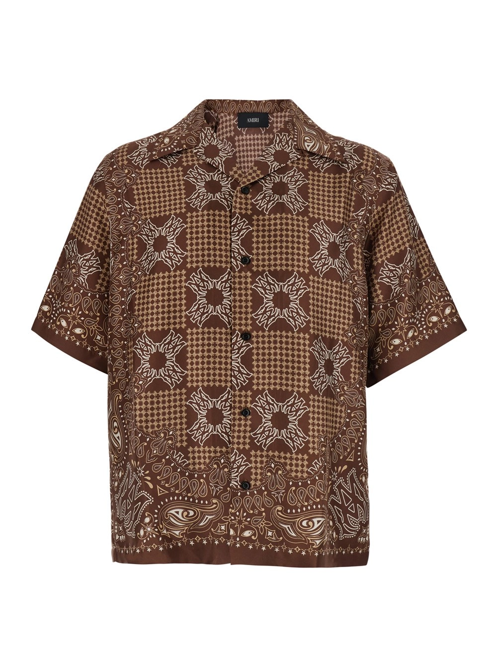 Amiri Camicia Bowling con Colletto alla Cubana e Stampa Geometrica All-Over in Seta Marrone Uomo