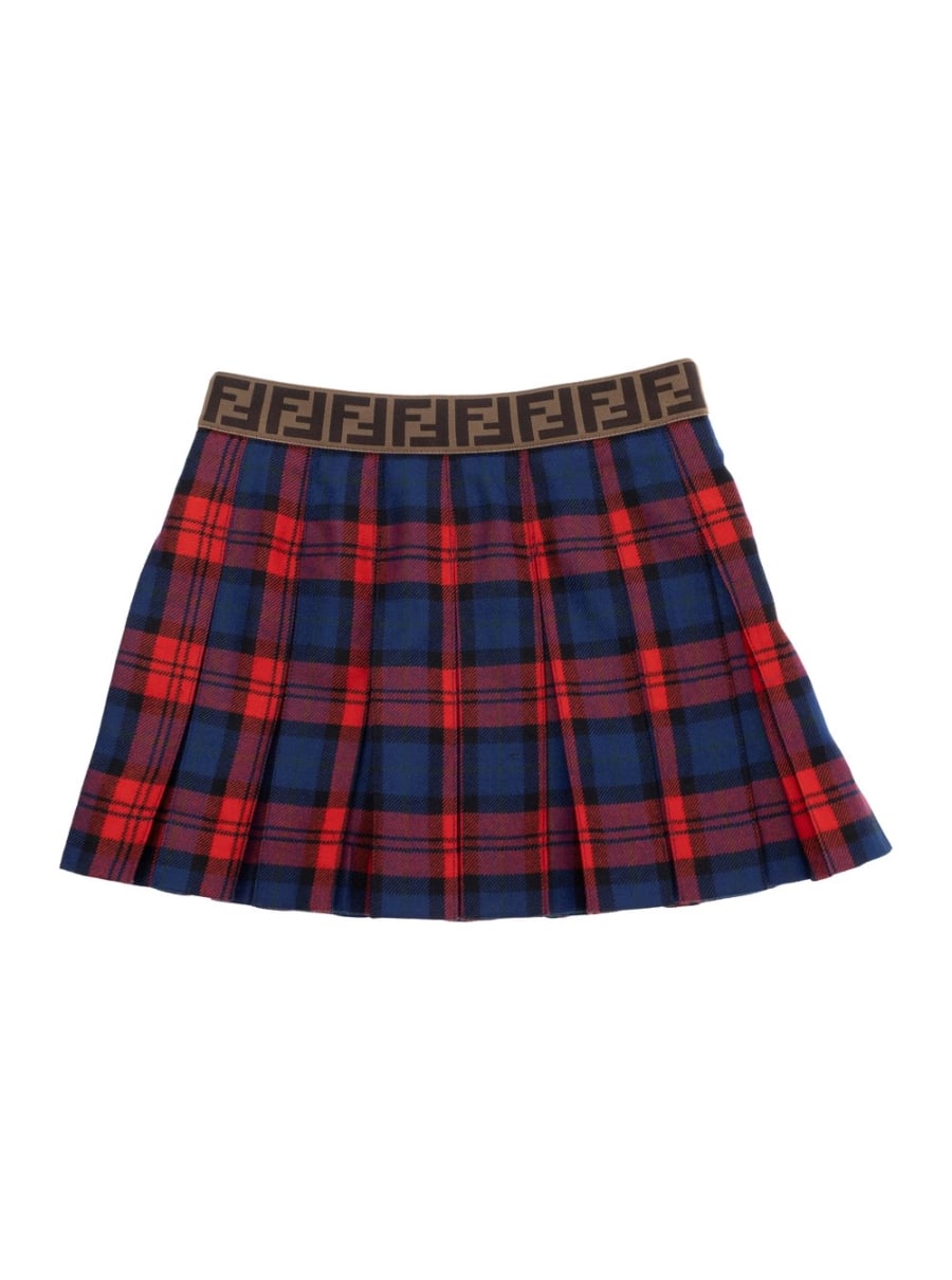 Fendi kids Gonna con Vita Elasticizzata con Logo FF e Motivo Tartan All-Over in Lana Rossa Bambina