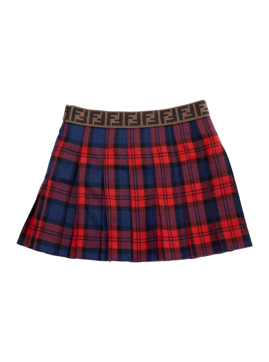 Fendi kids Gonna con Vita Elasticizzata con Logo FF e Motivo Tartan All-Over in Lana Rossa Bambina, view 2