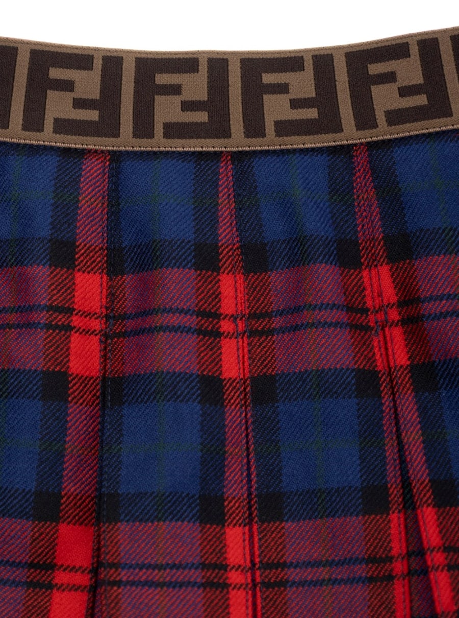 Fendi kids Gonna con Vita Elasticizzata con Logo FF e Motivo Tartan All-Over in Lana Rossa Bambina, view 3
