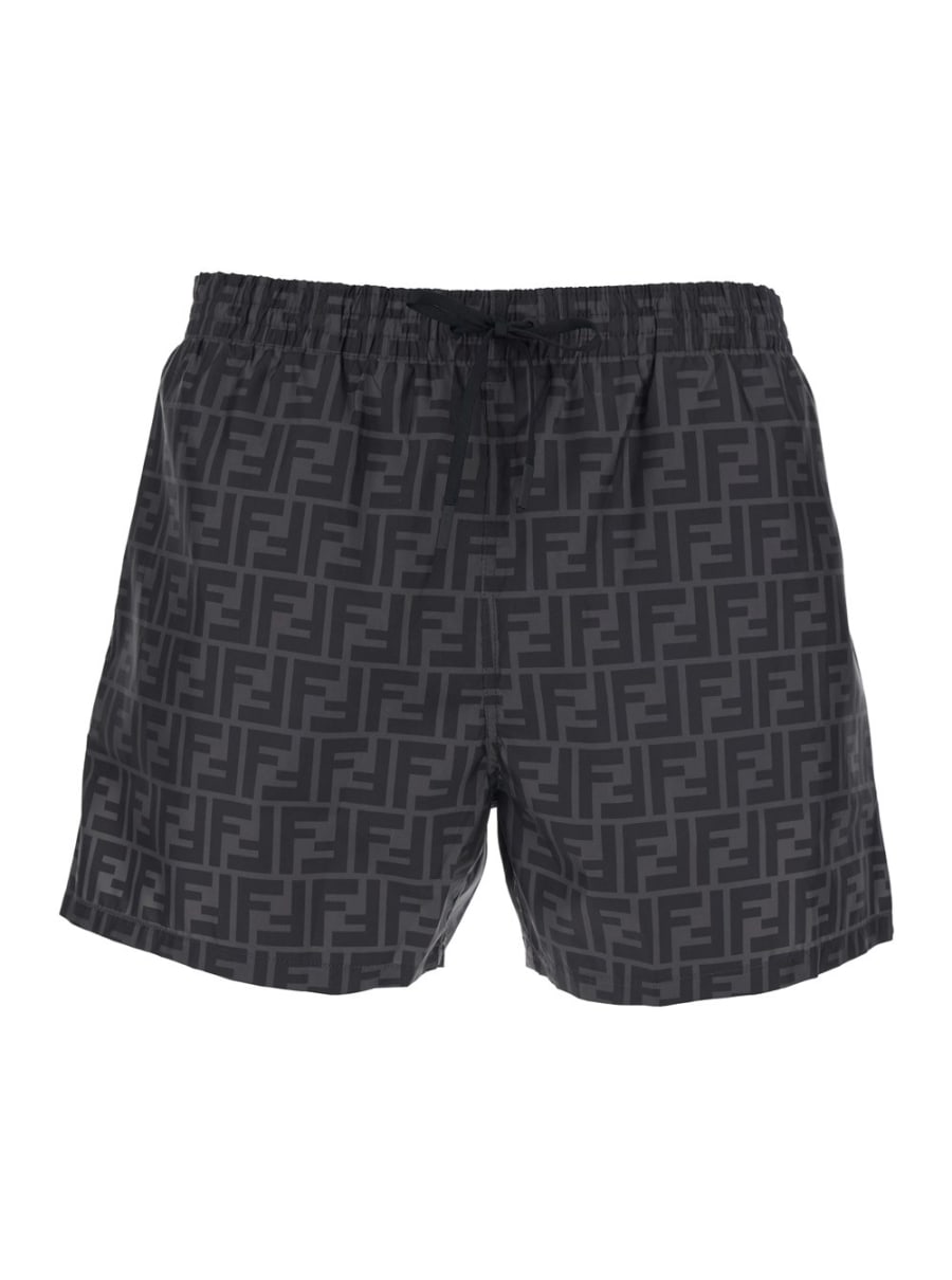 Fendi Costume da Bagno con Vita Elasticizzata con Coulisse e Motivo FF All-Over in Tessuto Tecnico Grigio Uomo