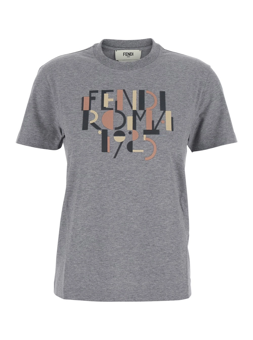 Fendi T-Shirt Girocollo con Dettaglio Logo FF sul Fronte in Cotone Grigia Donna