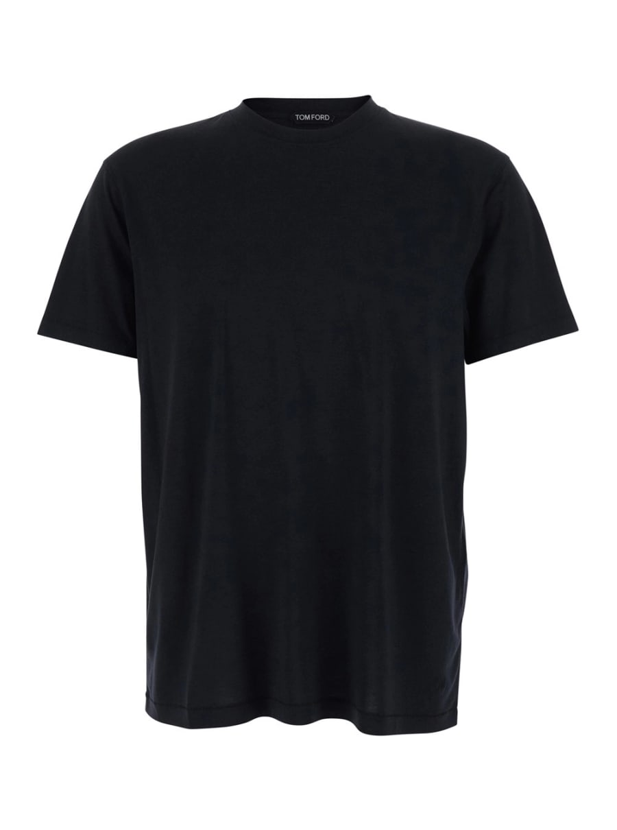 Tom Ford T-Shirt Girocollo con Ricamo Logo sul Fronte in Misto Cotone Nera Uomo