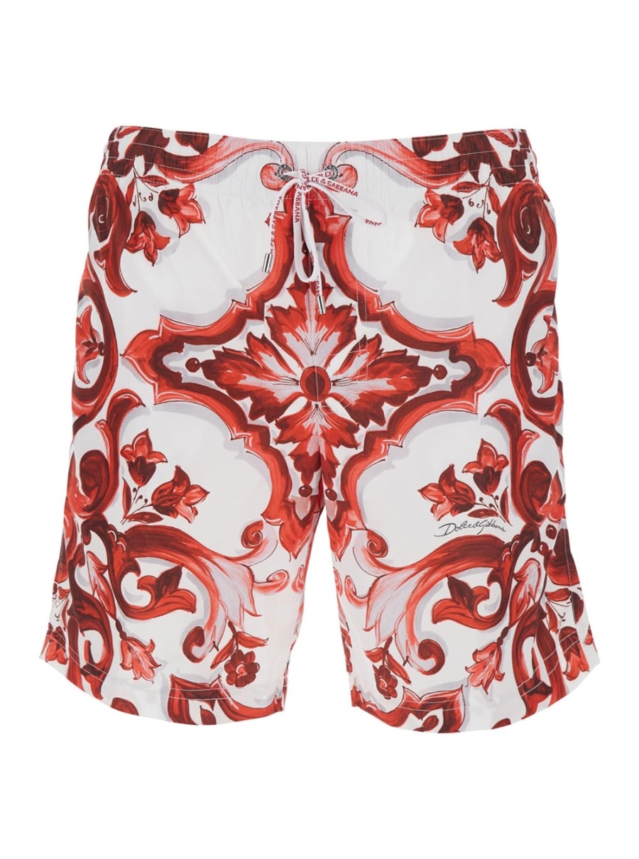 Dolce & Gabbana costume da bagno con vita con coulisse e stampa Maiolica all-over in tessuto tecnico bordeaux uomo