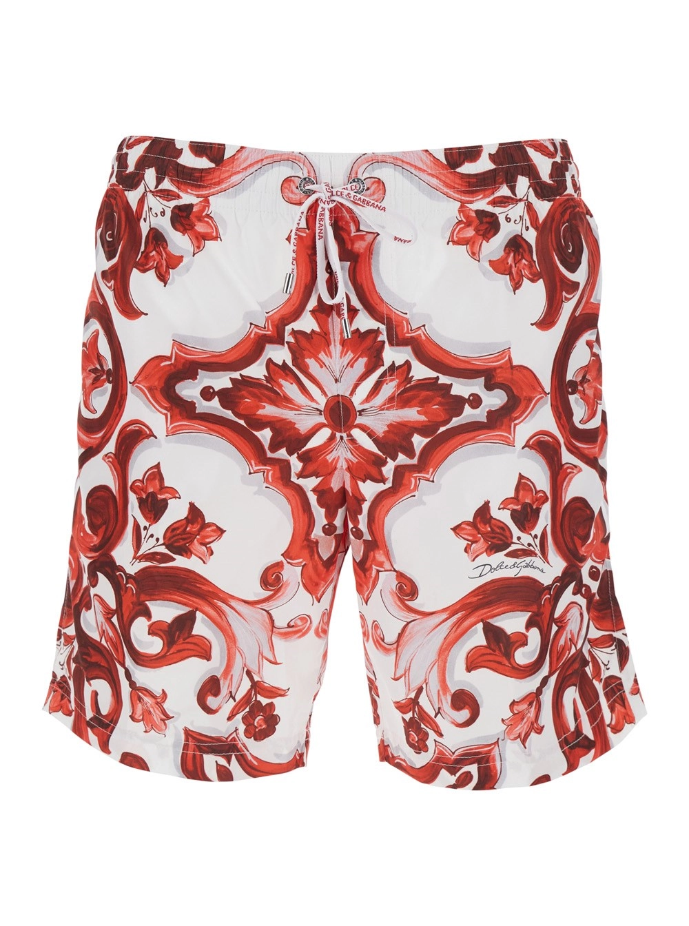Dolce & Gabbana costume da bagno con vita con coulisse e stampa Maiolica all-over in tessuto tecnico bordeaux uomo
