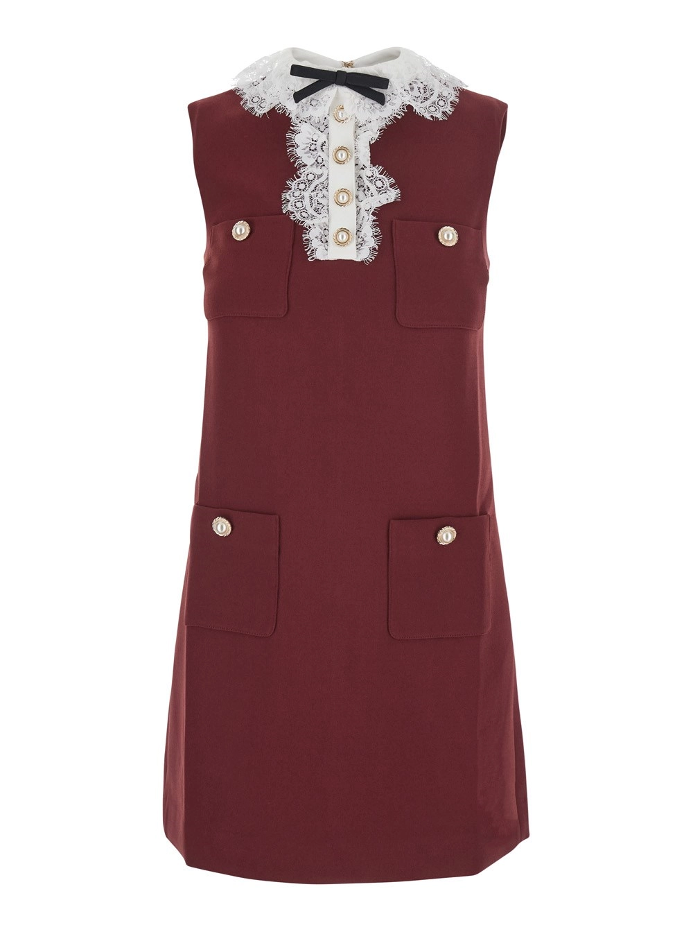 self-portrait Abito mini con collo in pizzo e maniche lunghe in crepe bordeaux donna
