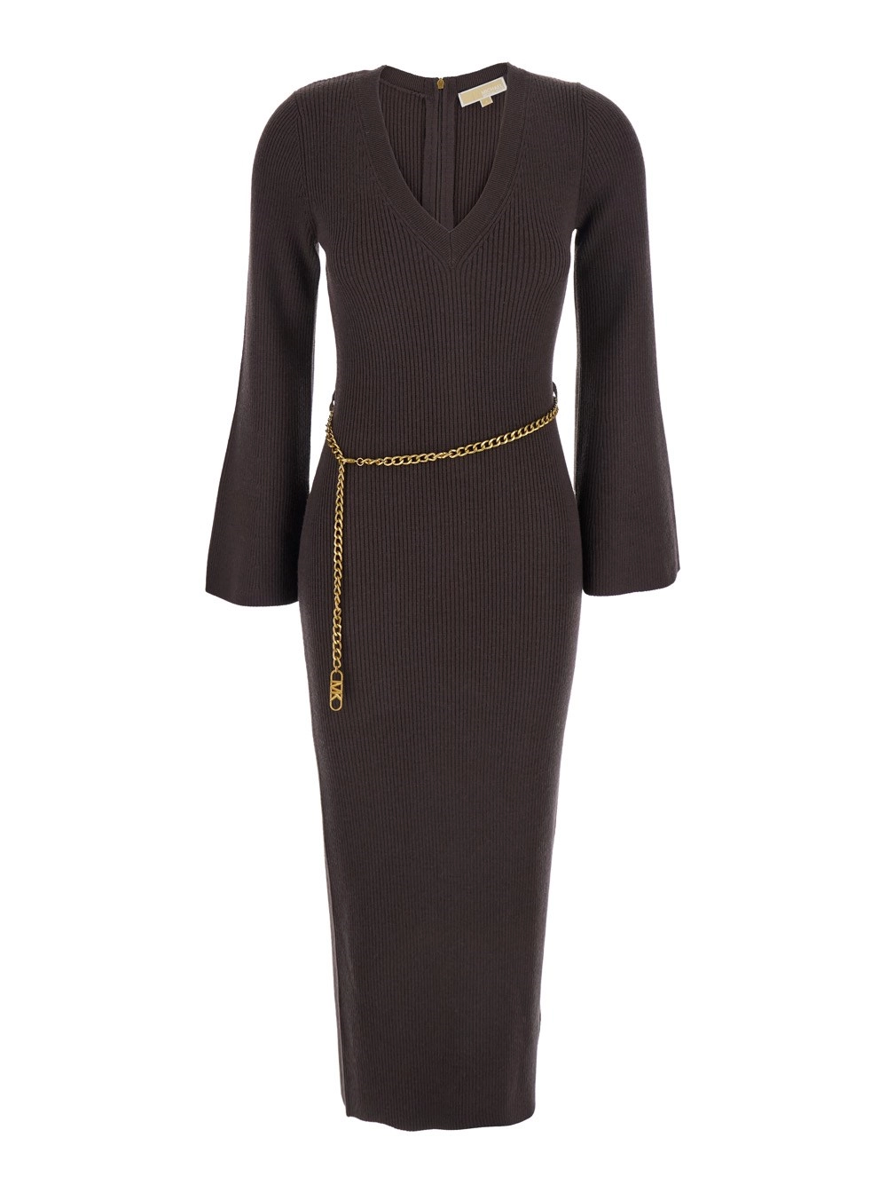 Michael michael kors Abito con Cintura a Catena e Placca Logo sul Retro in Misto Lana Stretch Marrone Donna