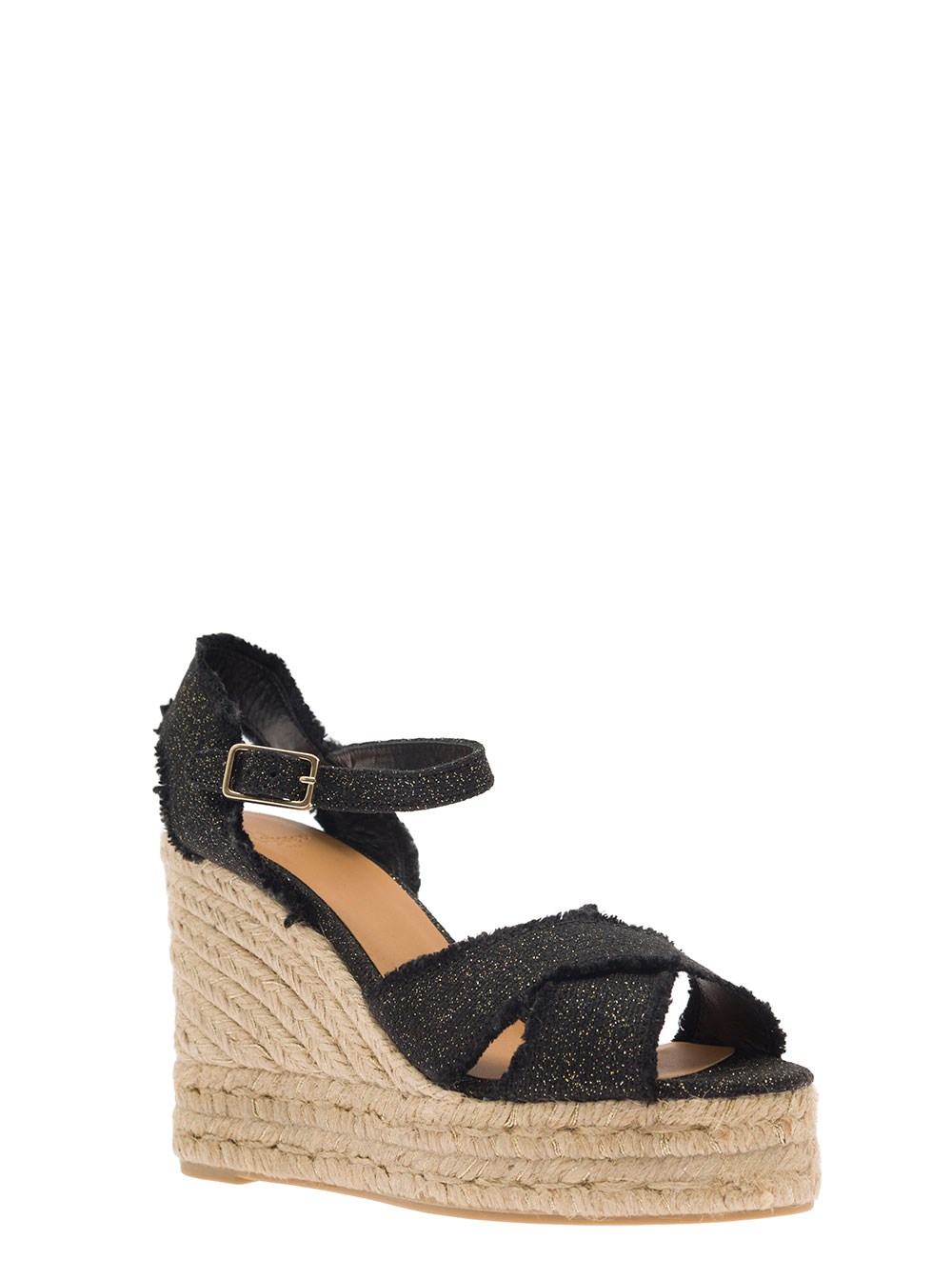 Castañer Sandali Zeppa in Tela e Paglia Beige Donna, view 2