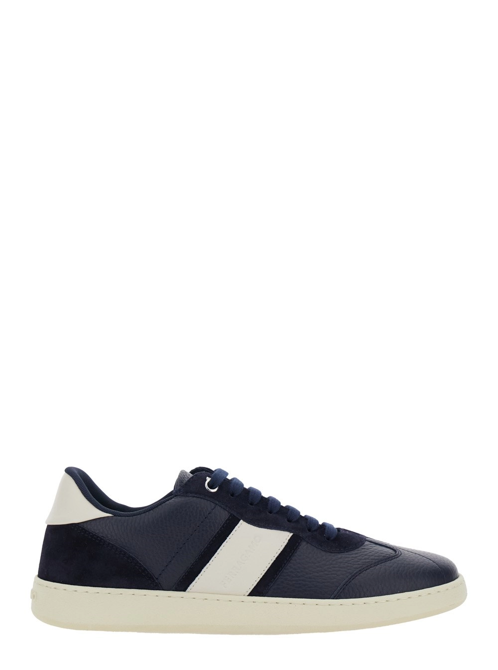 Ferragamo Sneaker 'Achille' Low Top con Tallone a Contrasto e Logo Lettering sulla Linguetta in Pelle Blu Uomo