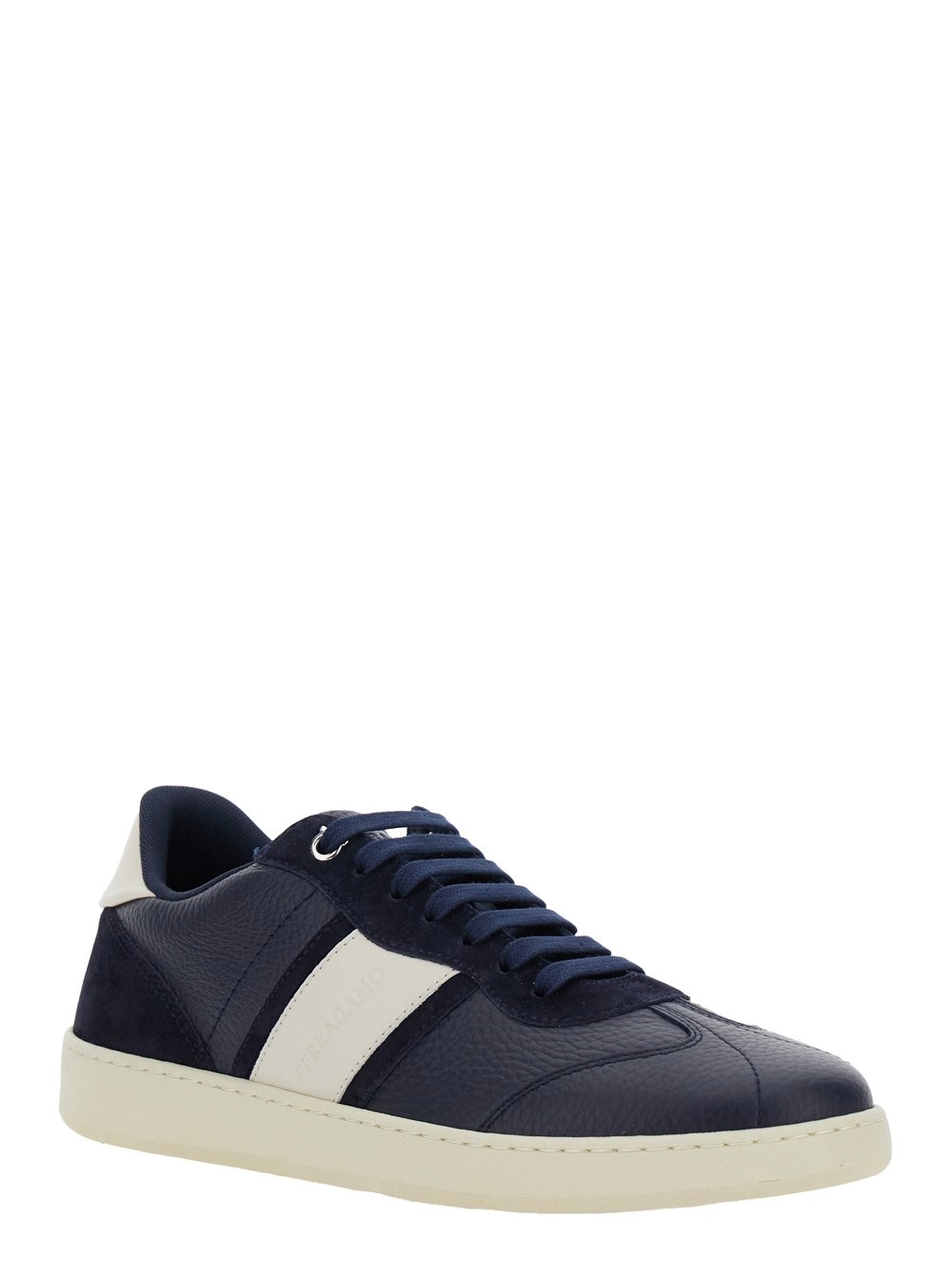 Ferragamo Sneaker 'Achille' Low Top con Tallone a Contrasto e Logo Lettering sulla Linguetta in Pelle Blu Uomo, view 2