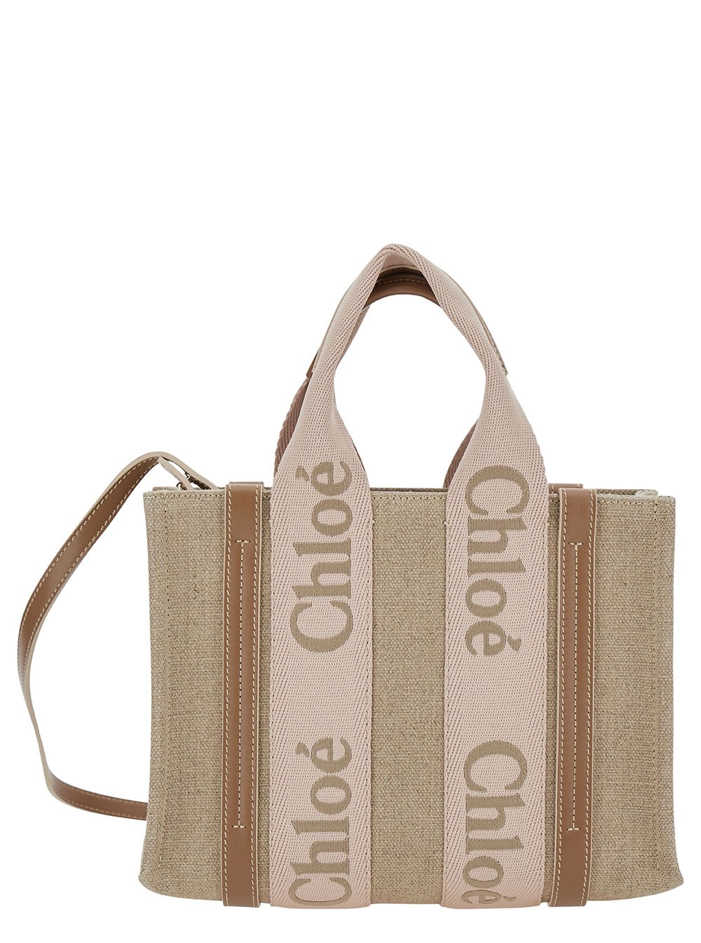 Chloé Borsa Shopper 'Woody Piccola' con Dettaglio Logo in Lino Beige Donna