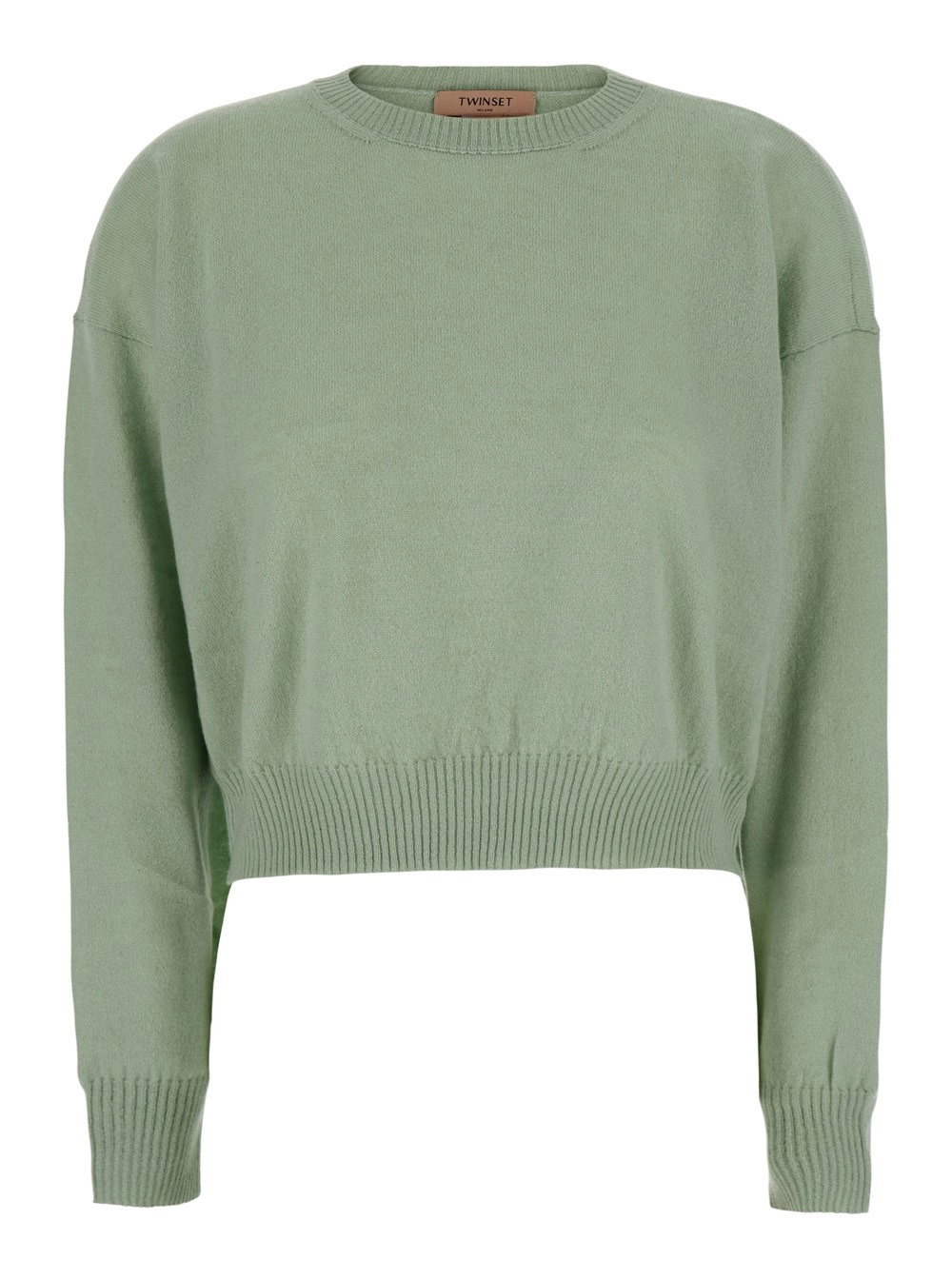 Twinset Maglione girocollo con spalle basse e design crop in misto cashmere verde donna