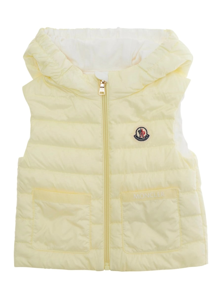 Moncler kids Piumino 'Lia' Smanicato con Patch Logo sul Fronte in Tessuto Tecnico Giallo Baby