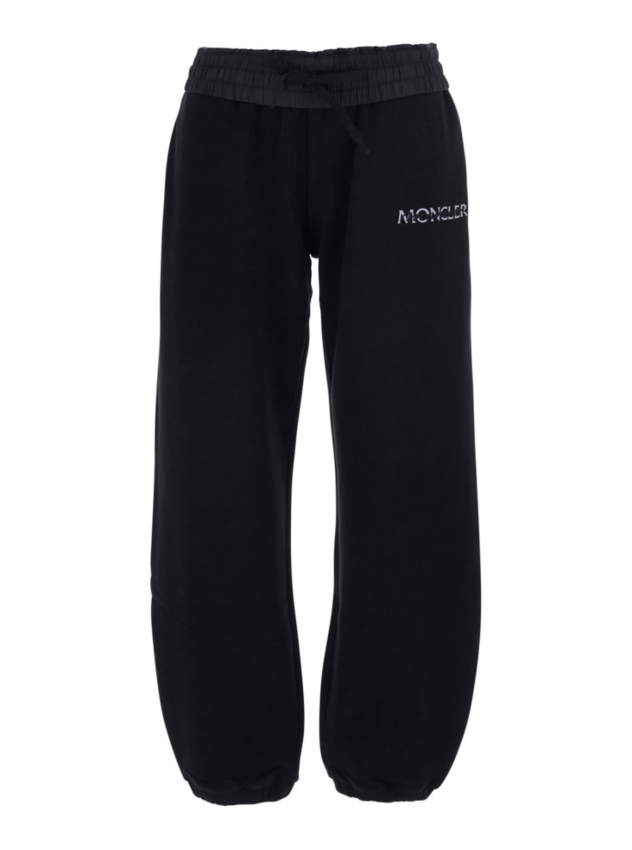 Moncler Pantaloni con vita elasticizzata e logo lettering sul fronte in cotone neri donna