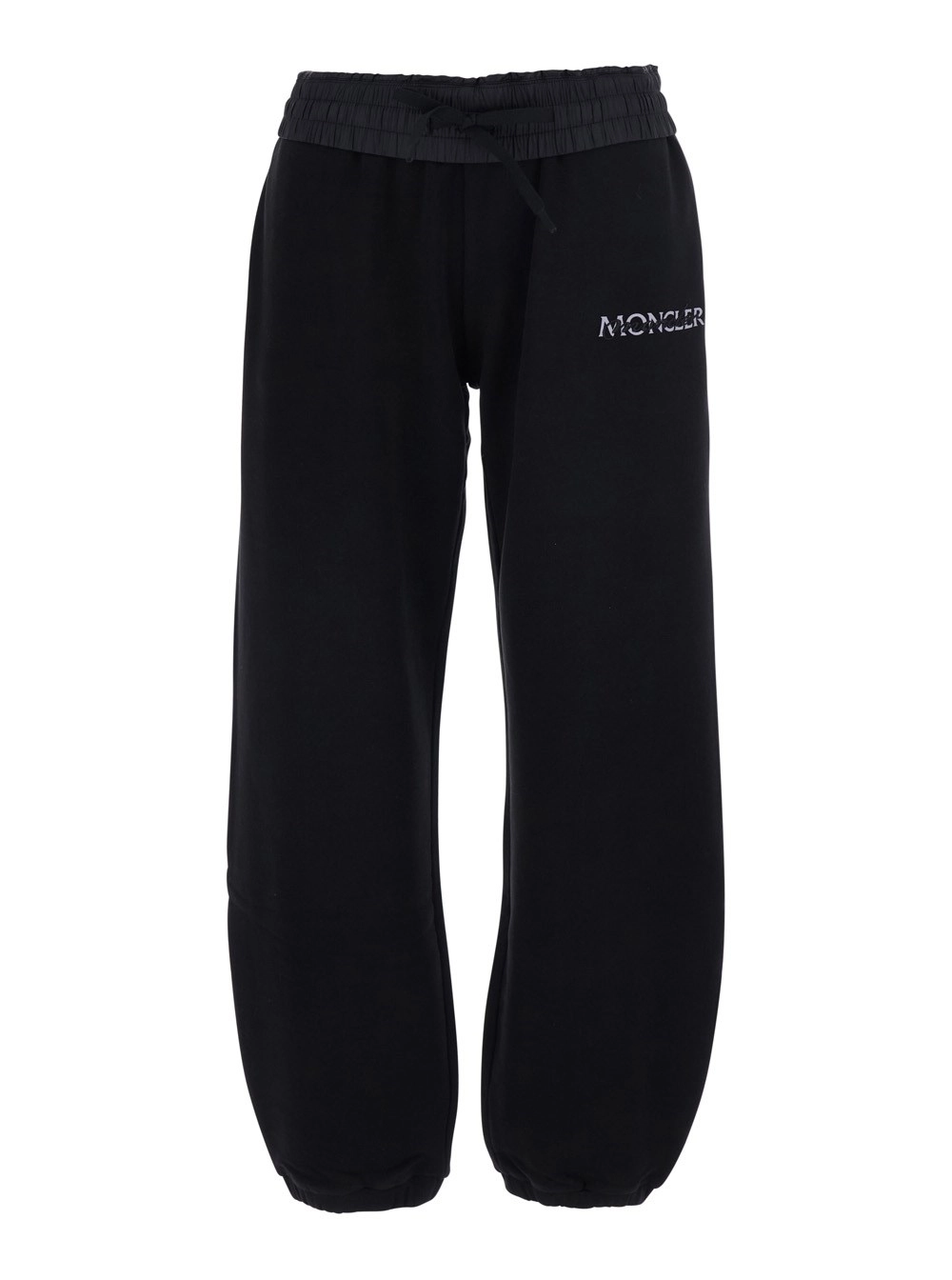 Moncler Pantaloni con vita elasticizzata e logo lettering sul fronte in cotone neri donna