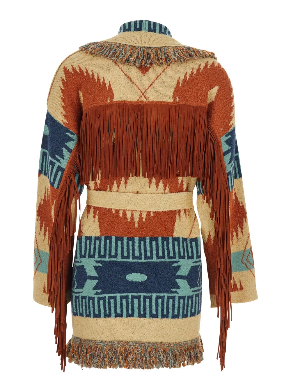 Alanui Cardigan 'Golden Dusk' Orlo Sfrangiato e Motivo Geometrico All-Over in Misto Cotone Multicolor Donna, view 2