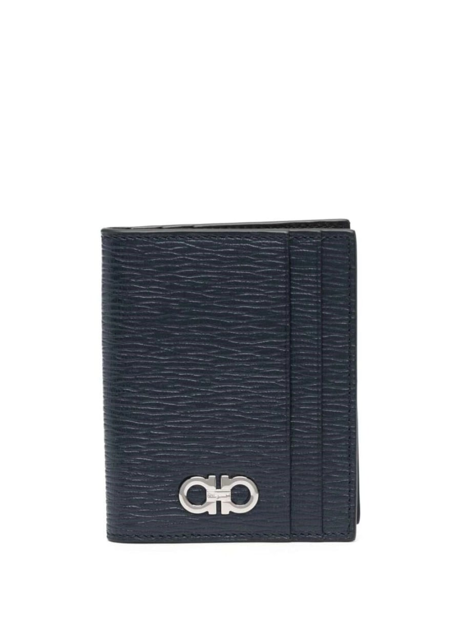 Ferragamo Portacarte con Logo Gancini Metallico sul Fronte in Pelle Blu Uomo